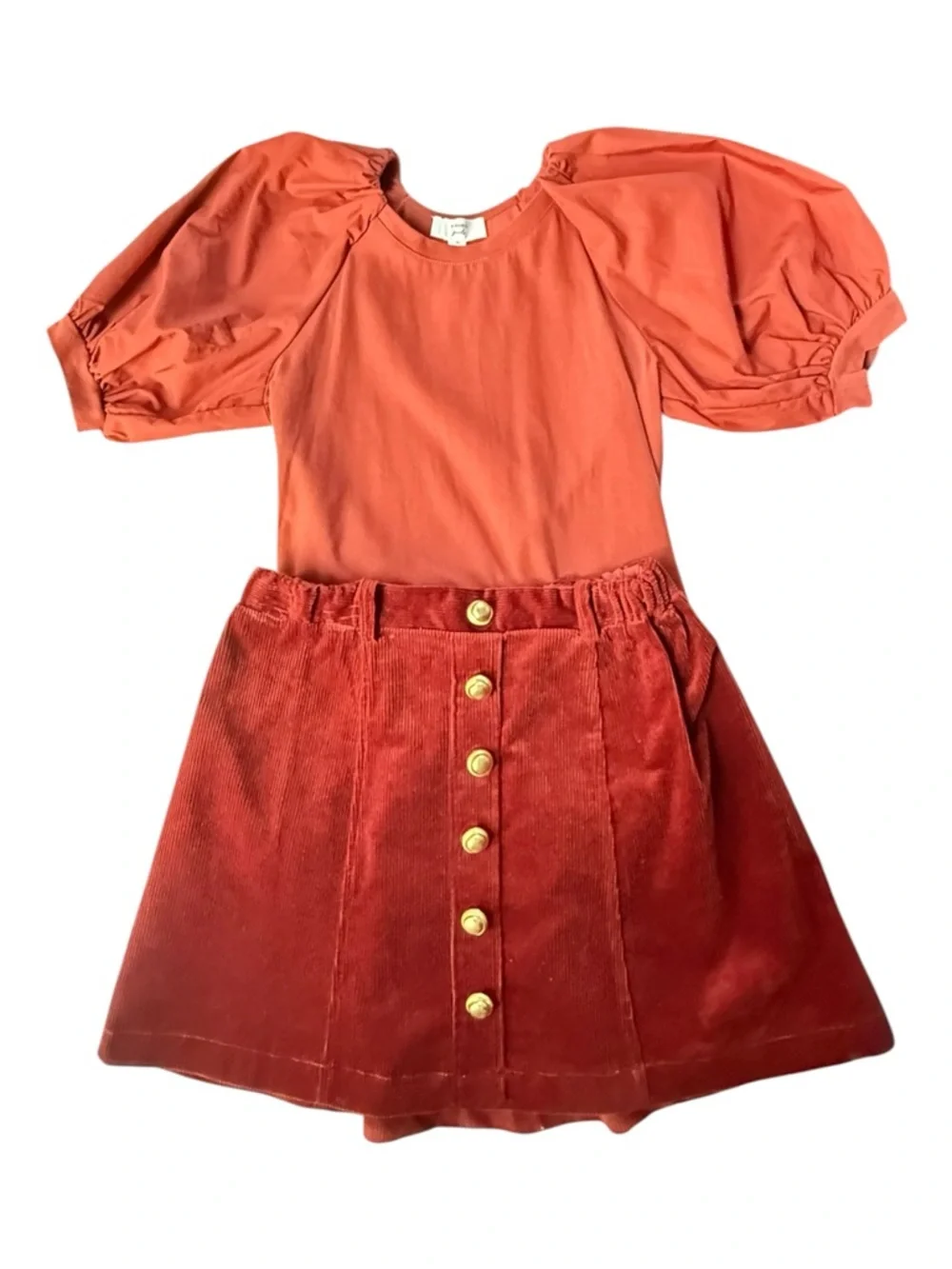 A Loves A Girls 2Pc Set Puff Sleeve Top Corduroy Skirt Rust Burgundy M 10-12Y